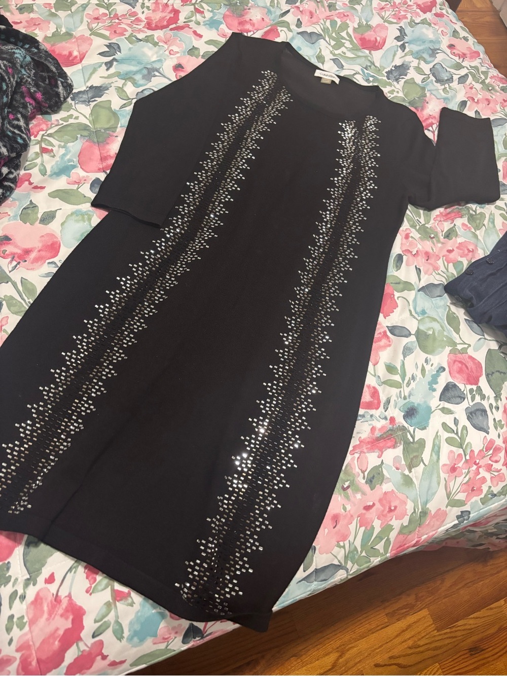 Calvin Klein original Black Studded Shift Dress with Metallic Accents, new